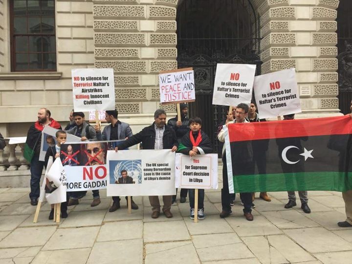 Libyan community in London hold anti-Khalifa Hafter/Leon protest outside UK Foreign Office. Saturday, May 23, 2015. 